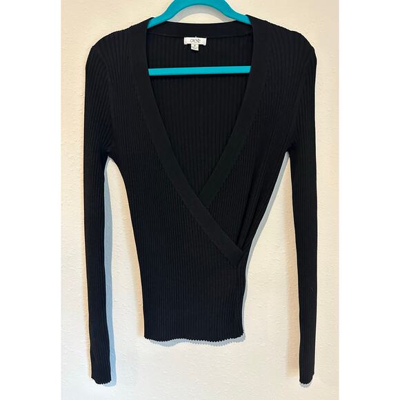 Cache Ribbed knit, wrap-style, plunging V-neckline Black Size Medium Stretchy - Picture 1 of 6